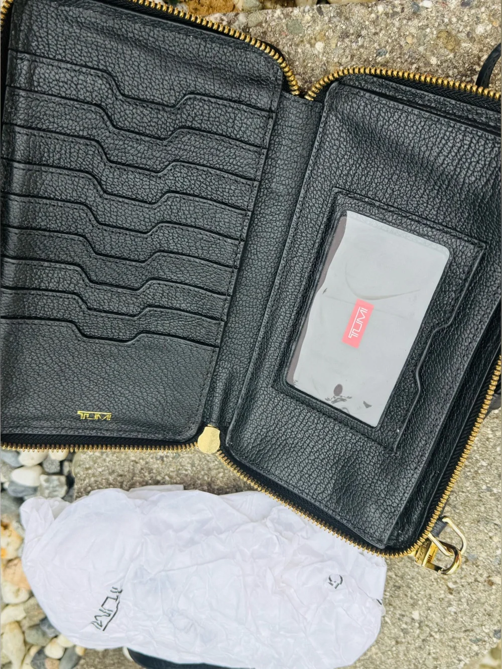 TUMI Black Leather Crossbody Wallet Bag with Gold-Tone Lock